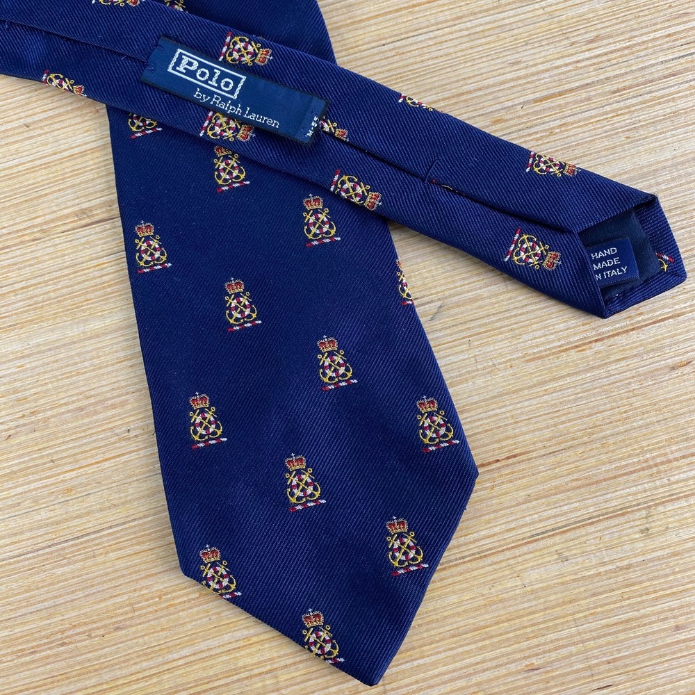 VTG Polo Ralph Lauren 100% silk Tie navy Nautical Crest Made In USA